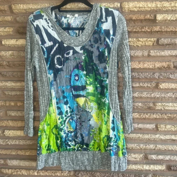 Elysee 26 Bold Green Blue Gray Print Hooded Long Sleeve Sweater Size Large - Picture 1 of 10